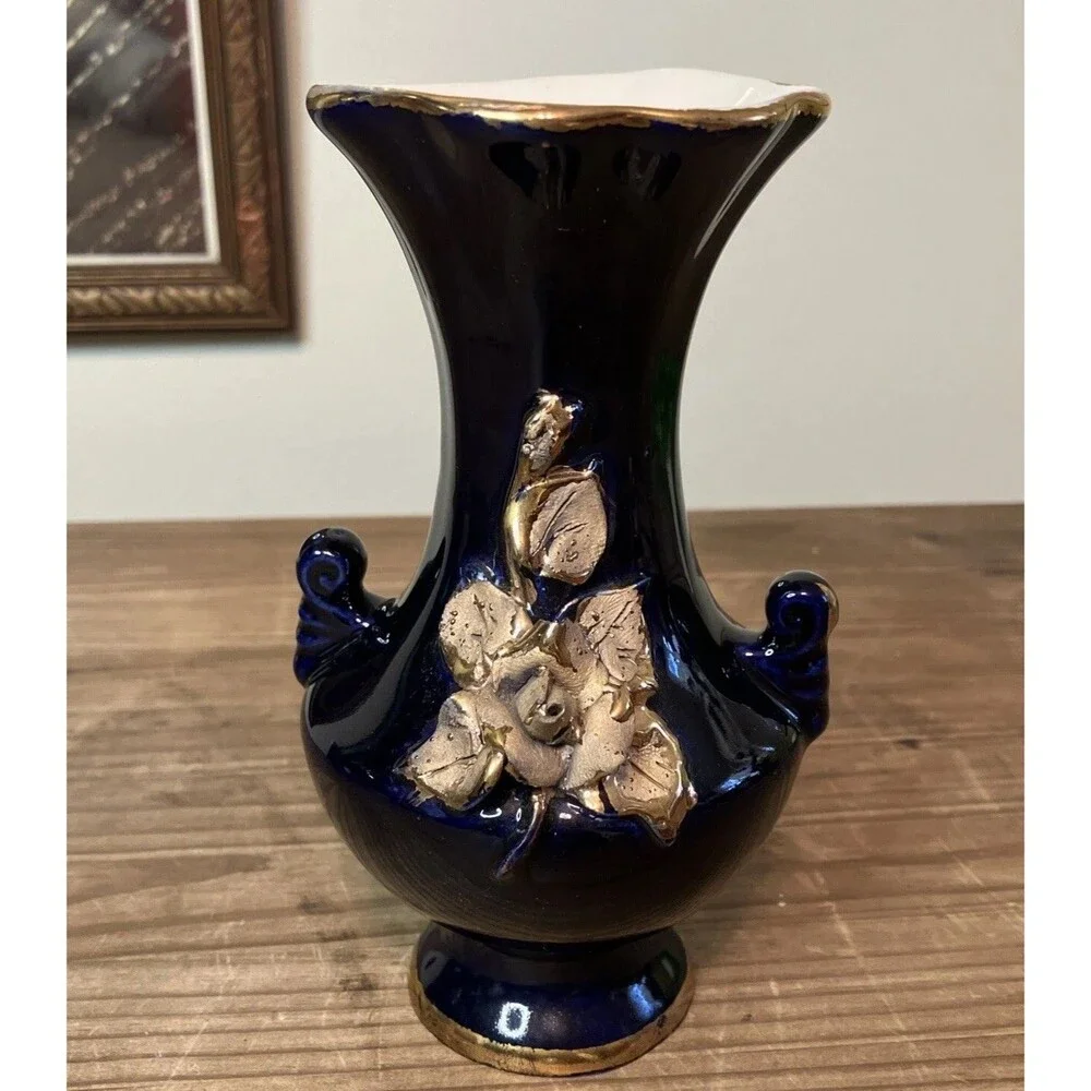 Vintage Cobalt Blue And Gold Bud Vase With Applied Gold Rose 6” Hand Painted